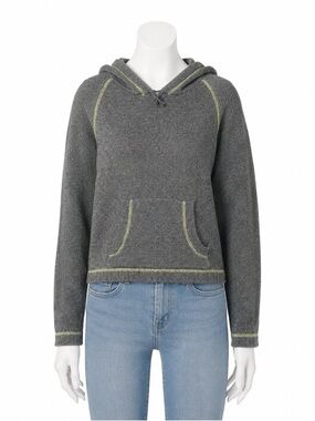 Womens 579 Vintage Gray 100% Wool Hoodie L Green Stitch Mended Sweater